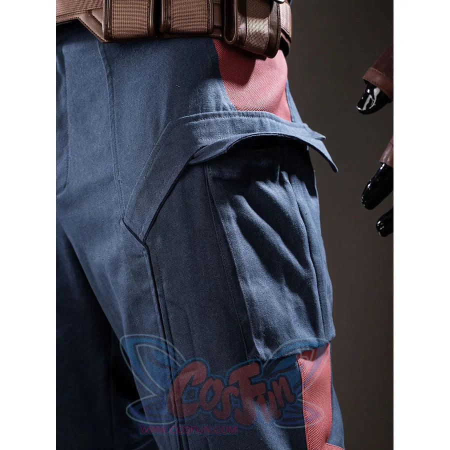 Steve Rogers cosplay cargo pocket detail folds a blue flap over the side of the pants.