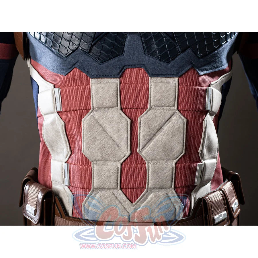 Steve Rogers cosplay torso armor detail stacks cream panels above the brown utility belt.