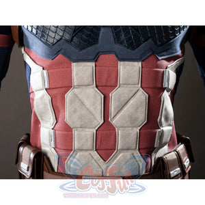 Steve Rogers cosplay torso armor detail stacks cream panels above the brown utility belt.