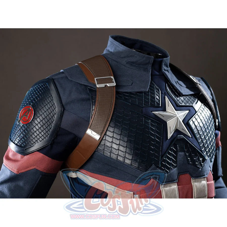 Steve Rogers cosplay chest detail angles the star plate beside brown straps and red sleeve bands.