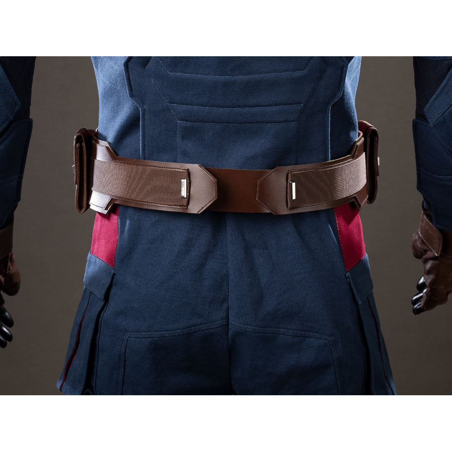 Steve Rogers cosplay belt back detail stretches brown faux leather across navy trouser panels.