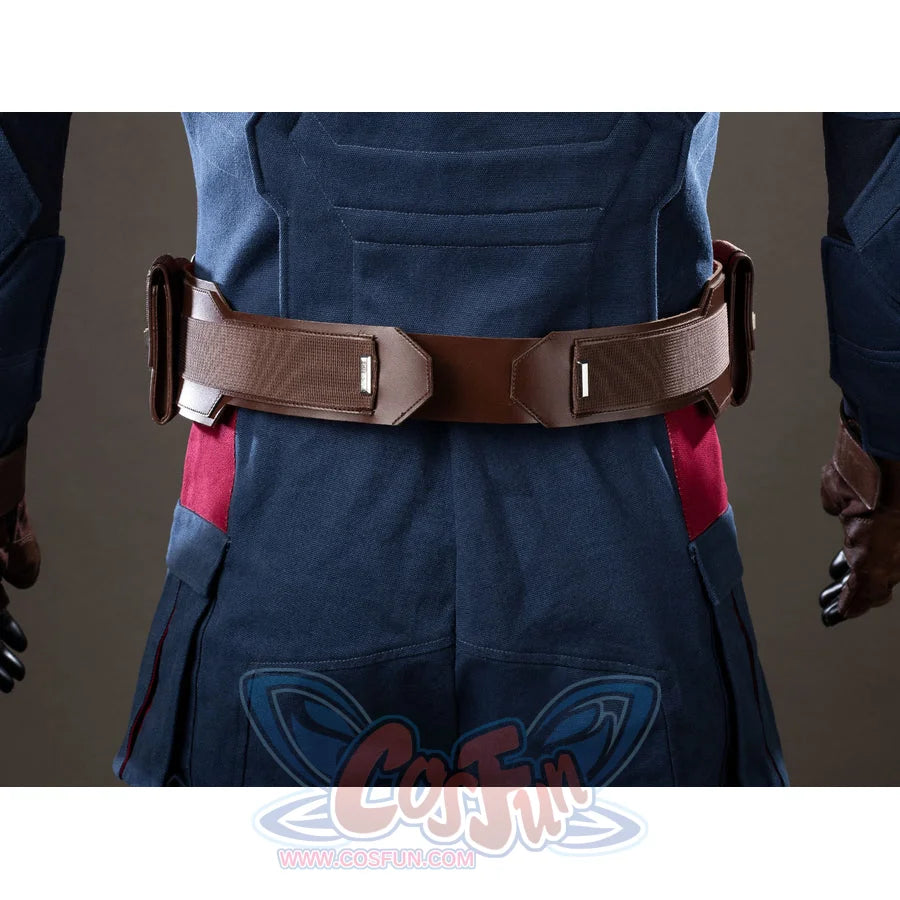 Steve Rogers cosplay belt back detail stretches brown faux leather across navy trouser panels.