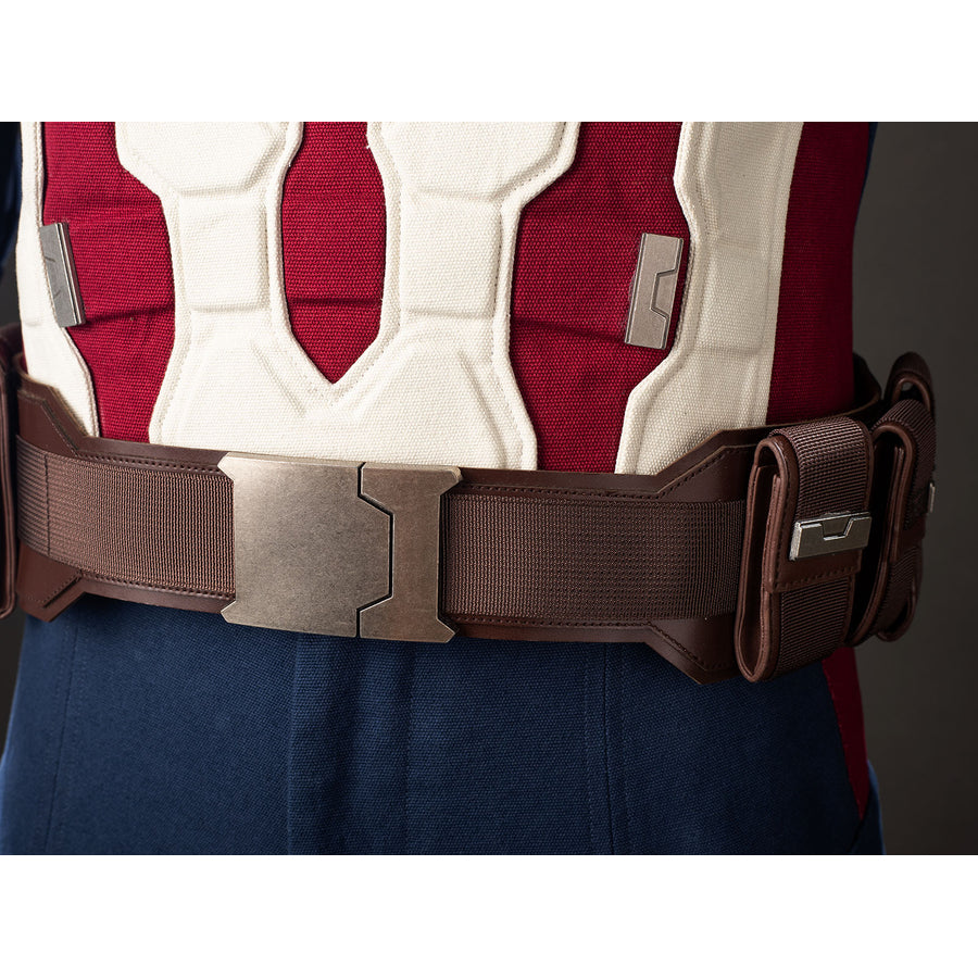 Steve Rogers cosplay belt detail layers brown faux leather over white and red waist armor.