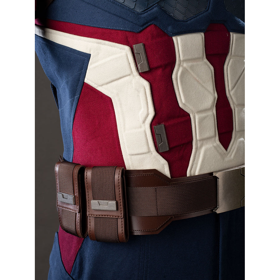 Steve Rogers cosplay belt pouch detail sets brown faux leather boxes beside red-white armor.