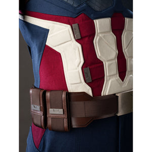 Steve Rogers cosplay belt pouch detail sets brown faux leather boxes beside red-white armor.