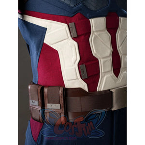 Steve Rogers cosplay belt pouch detail sets brown faux leather boxes beside red-white armor.