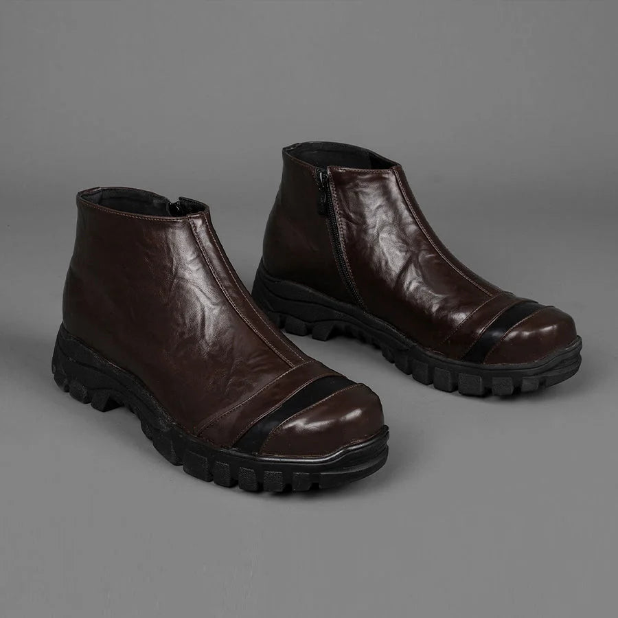 COSFUN Captain Steve Rogers cosplay boots angled view pairs brown PU leather uppers with black lug soles