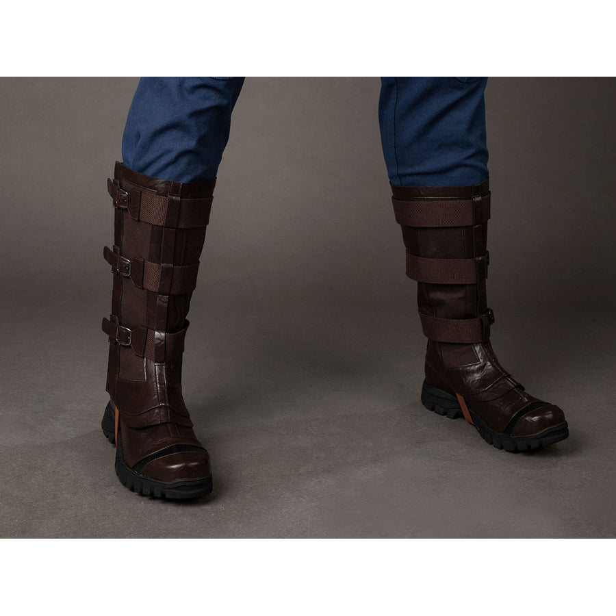 Steve Rogers cosplay boots angled view layers brown armor straps over dark rounded toes.