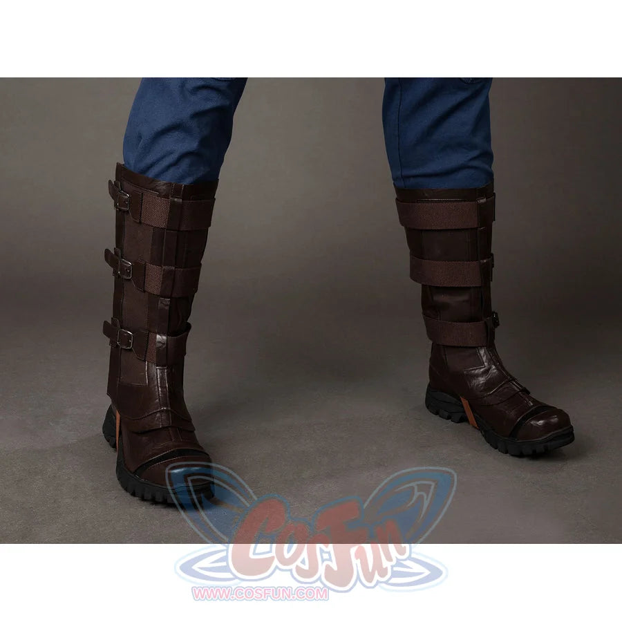 Steve Rogers cosplay boots angled view layers brown armor straps over dark rounded toes.