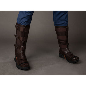 Steve Rogers cosplay boots angled view layers brown armor straps over dark rounded toes.