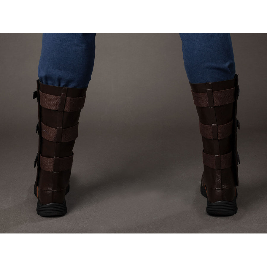 Steve Rogers cosplay boots back view anchors dark shafts with stacked brown strap panels.