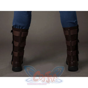 Steve Rogers cosplay boots back view anchors dark shafts with stacked brown strap panels.