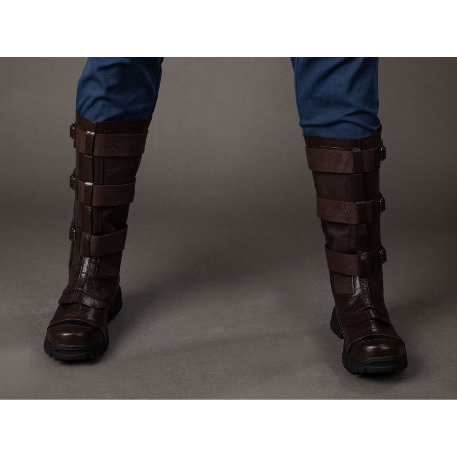 Steve Rogers cosplay boots front view stacks brown straps across rugged dark boot shafts.