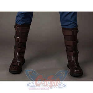 Steve Rogers cosplay boots front view stacks brown straps across rugged dark boot shafts.