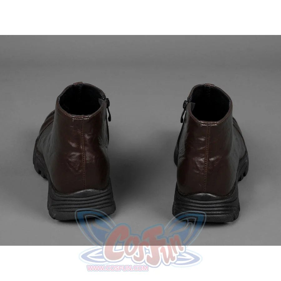 Captain Steve Rogers cosplay boots back view centers the rear ankle panels and ridged black heels