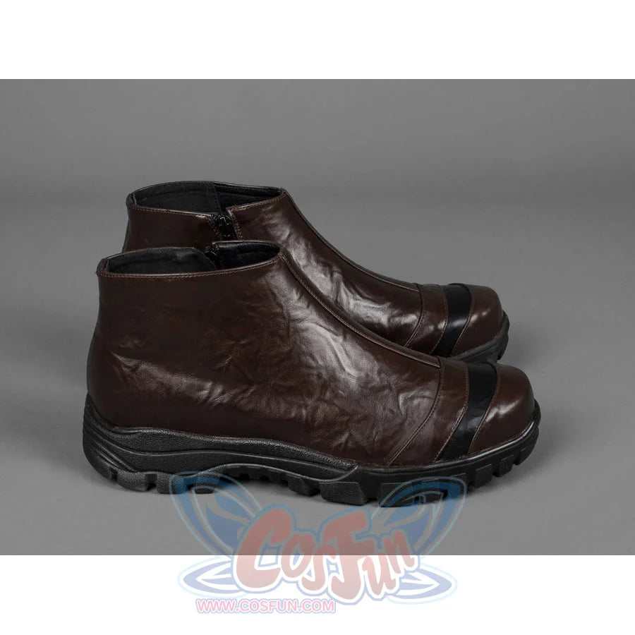 Captain Steve Rogers cosplay boots side profile emphasizes brown ankle uppers above black treaded soles