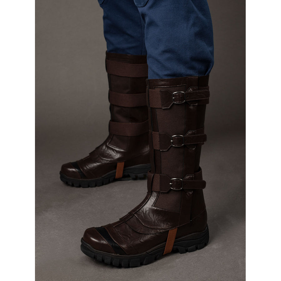 Steve Rogers cosplay boots side view sets brown faux leather straps along rugged black soles.