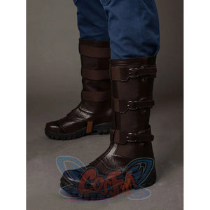 Steve Rogers cosplay boots side view sets brown faux leather straps along rugged black soles.