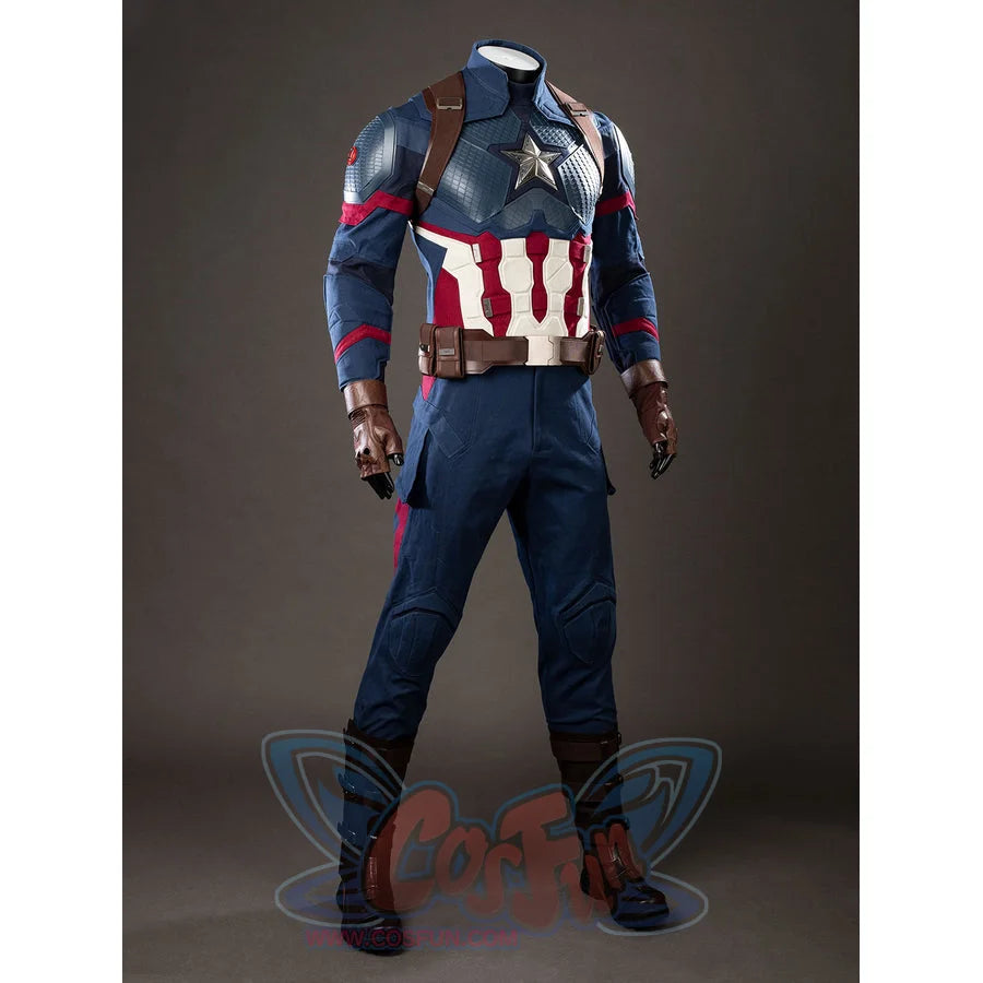 Steve Rogers cosplay costume layers a blue jumpsuit and brown straps above rugged black boots.