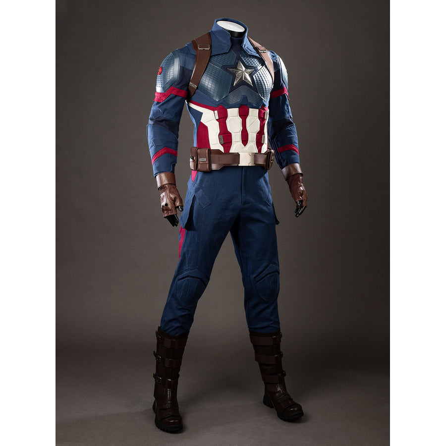 COSFUN Steve Rogers cosplay costume sets a blue tactical suit above striped armor and brown boots.