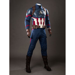 Steve Rogers cosplay costume layers a blue jumpsuit and brown straps above rugged black boots.