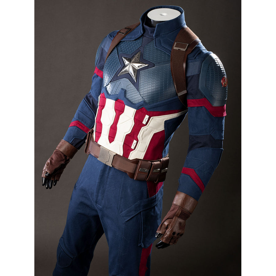 Steve Rogers cosplay costume angled view layers brown shoulder straps over a star chest panel.