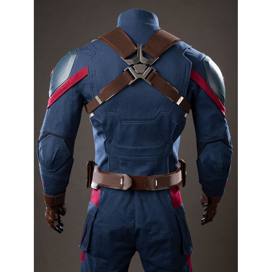 Steve Rogers cosplay costume back view crosses brown shoulder straps over a navy tactical suit.