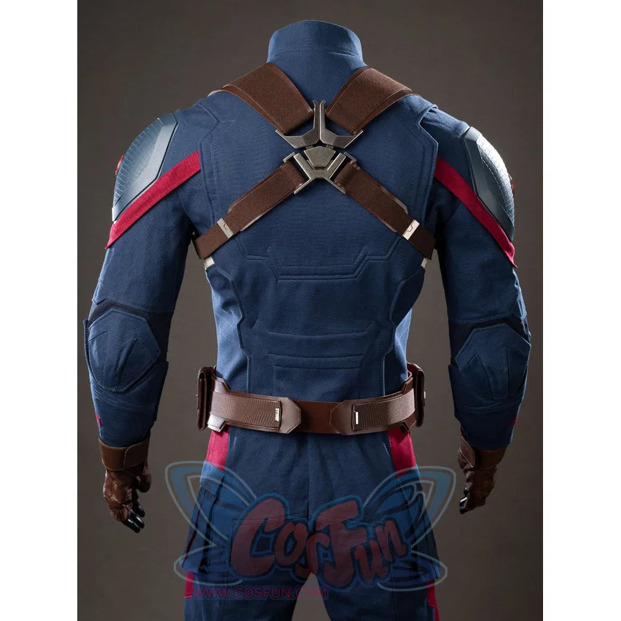 Steve Rogers cosplay costume back view crosses brown shoulder straps over a navy tactical suit.