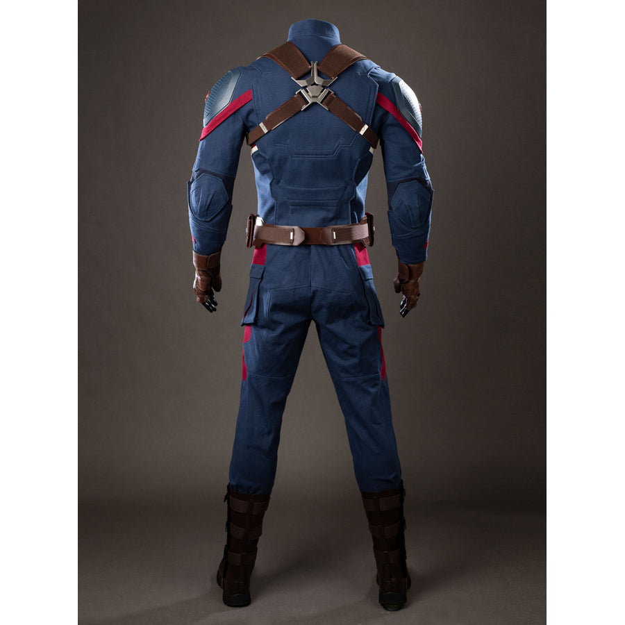 Steve Rogers cosplay costume back view anchors crossed shoulder straps above a brown utility belt.