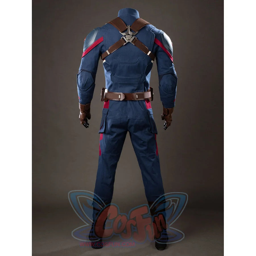 Steve Rogers cosplay costume back view anchors crossed shoulder straps above a brown utility belt.