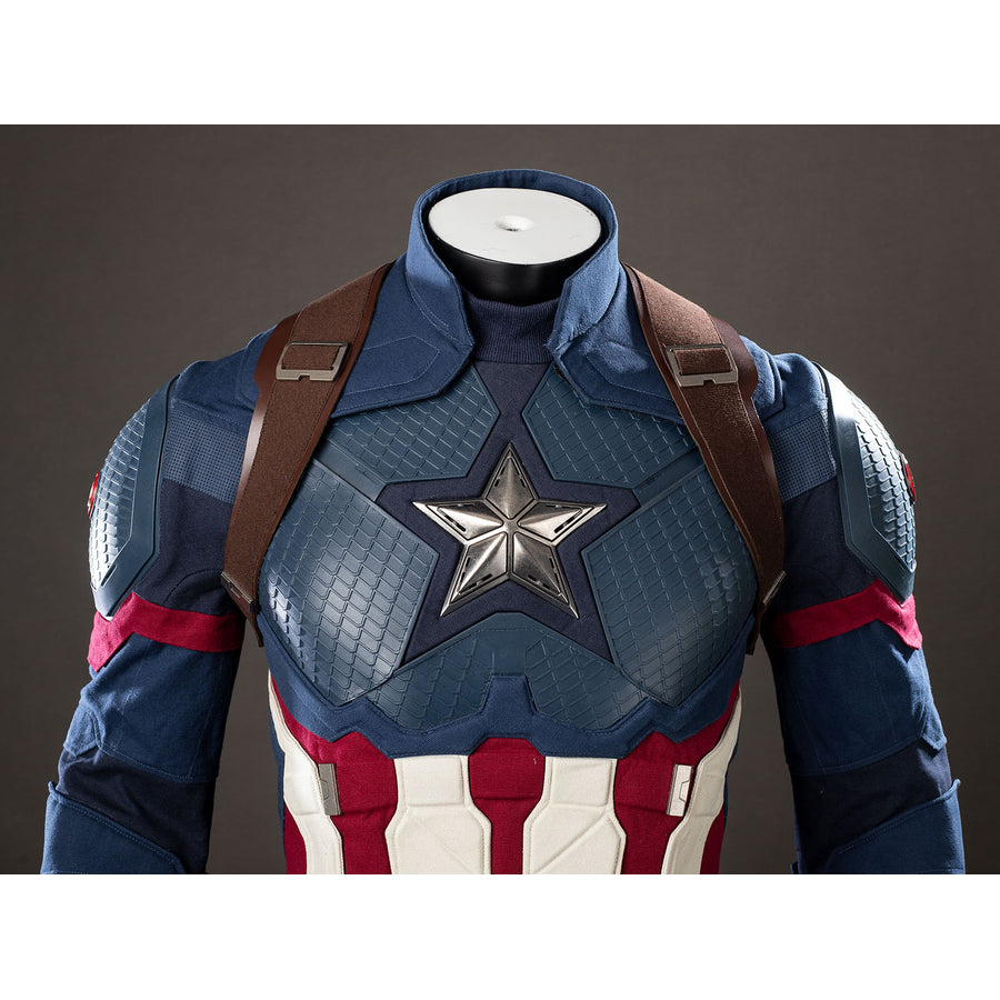 Steve Rogers cosplay costume upper body sets brown straps around a silver-tone star chest emblem.