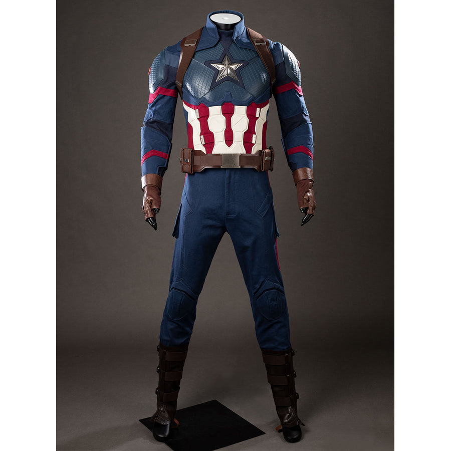 Steve Rogers cosplay costume frames a fitted blue jumpsuit between brown gloves and strapped boots.