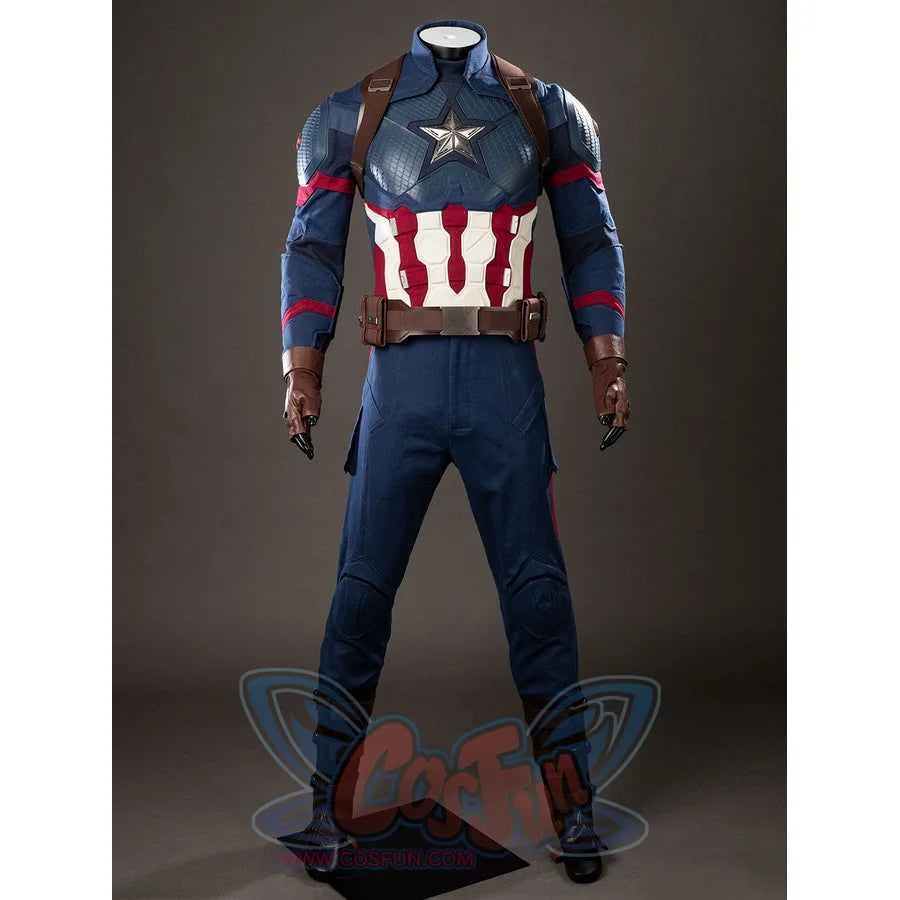 Steve Rogers cosplay costume frames a fitted blue jumpsuit between brown gloves and strapped boots.