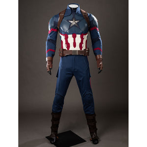 Steve Rogers cosplay costume frames a fitted blue jumpsuit between brown gloves and strapped boots.