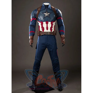 Steve Rogers cosplay costume frames a fitted blue jumpsuit between brown gloves and strapped boots.