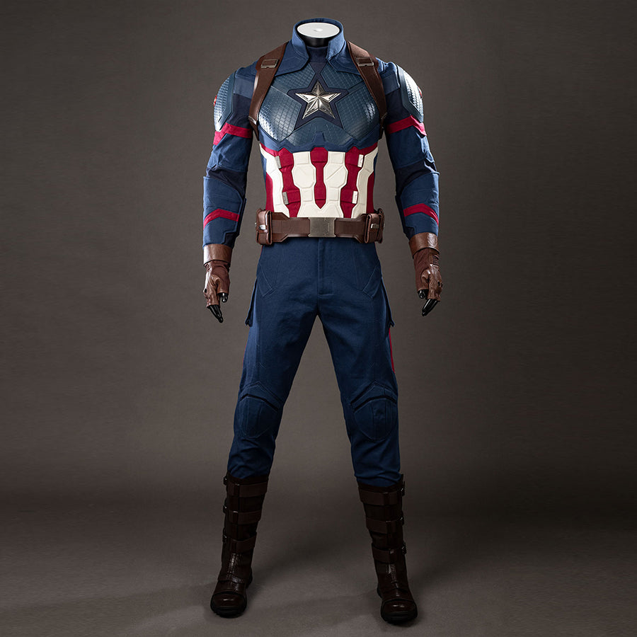 COSFUN Steve Rogers cosplay costume sets a blue tactical suit above striped armor and brown boots.