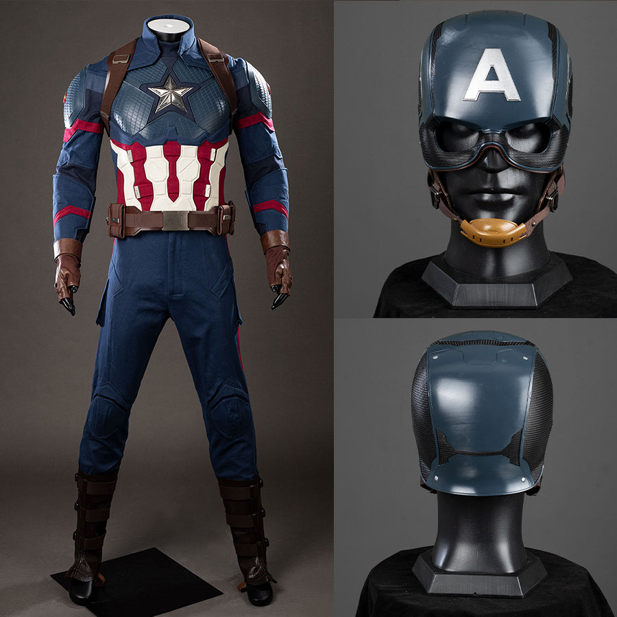 Steve Rogers cosplay costume collage sets the blue tactical suit beside front and back helmet views.