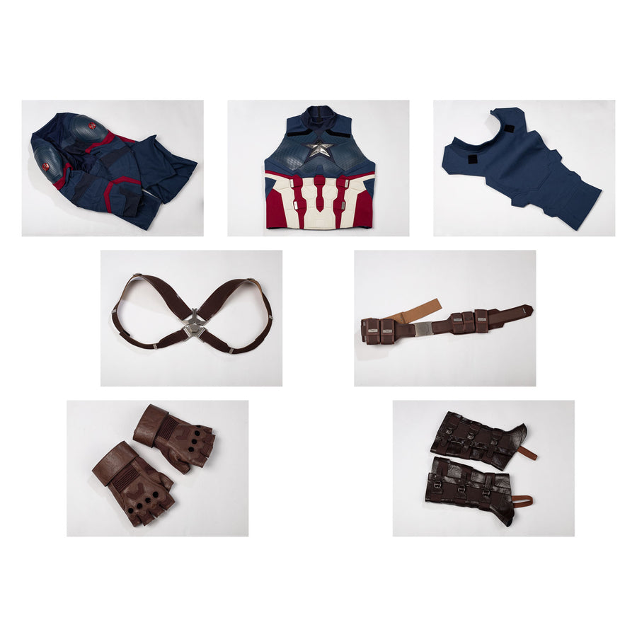 Steve Rogers cosplay costume set layout groups blue fabric pieces beside brown faux leather accessories.