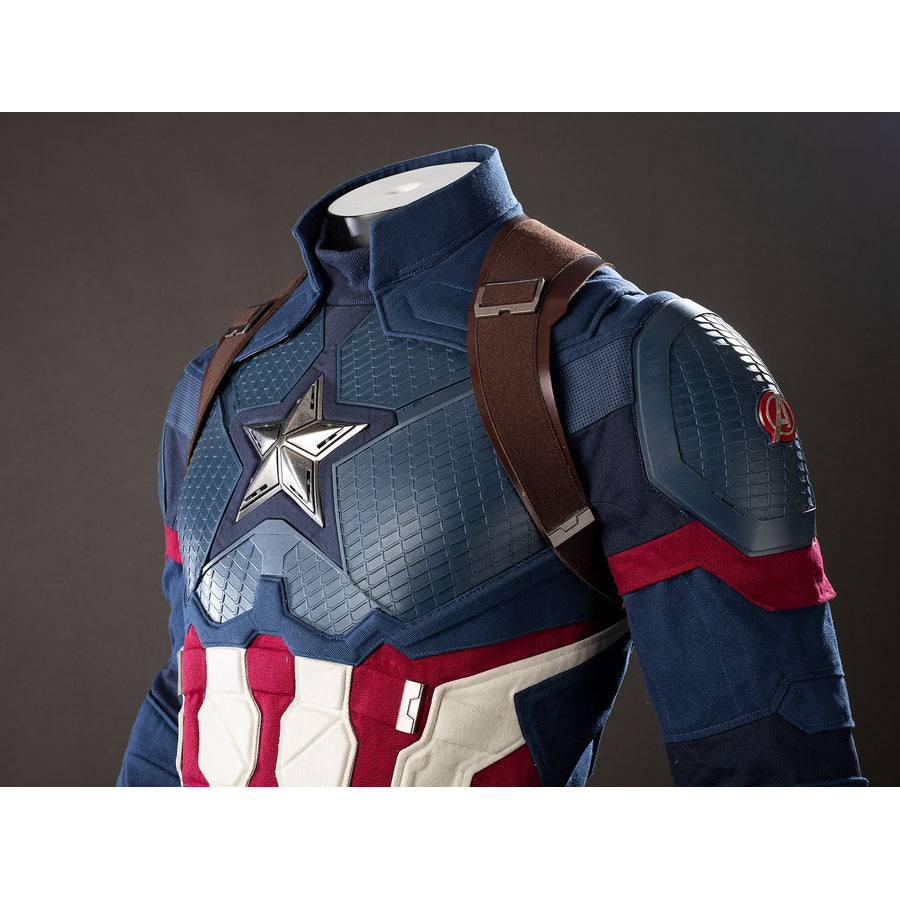 Steve Rogers cosplay costume shoulder view balances a raised star panel under brown harness straps.