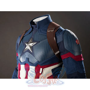 Steve Rogers cosplay costume shoulder view balances a raised star panel under brown harness straps.