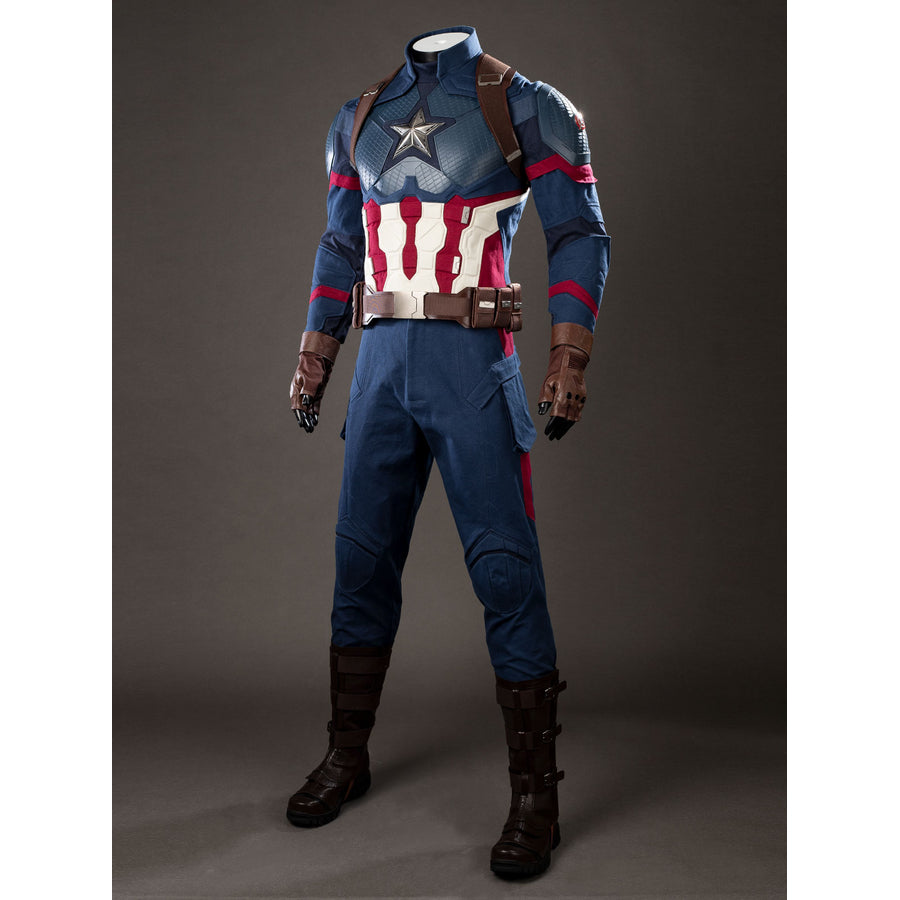 Steve Rogers cosplay costume centers a star chest panel over red-white armored stripes.
