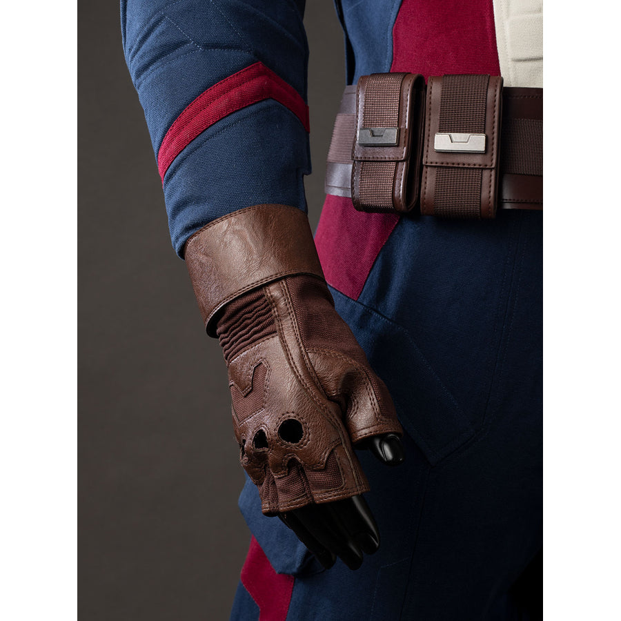 Steve Rogers cosplay glove detail wraps brown faux leather around the wrist below red sleeve trim.