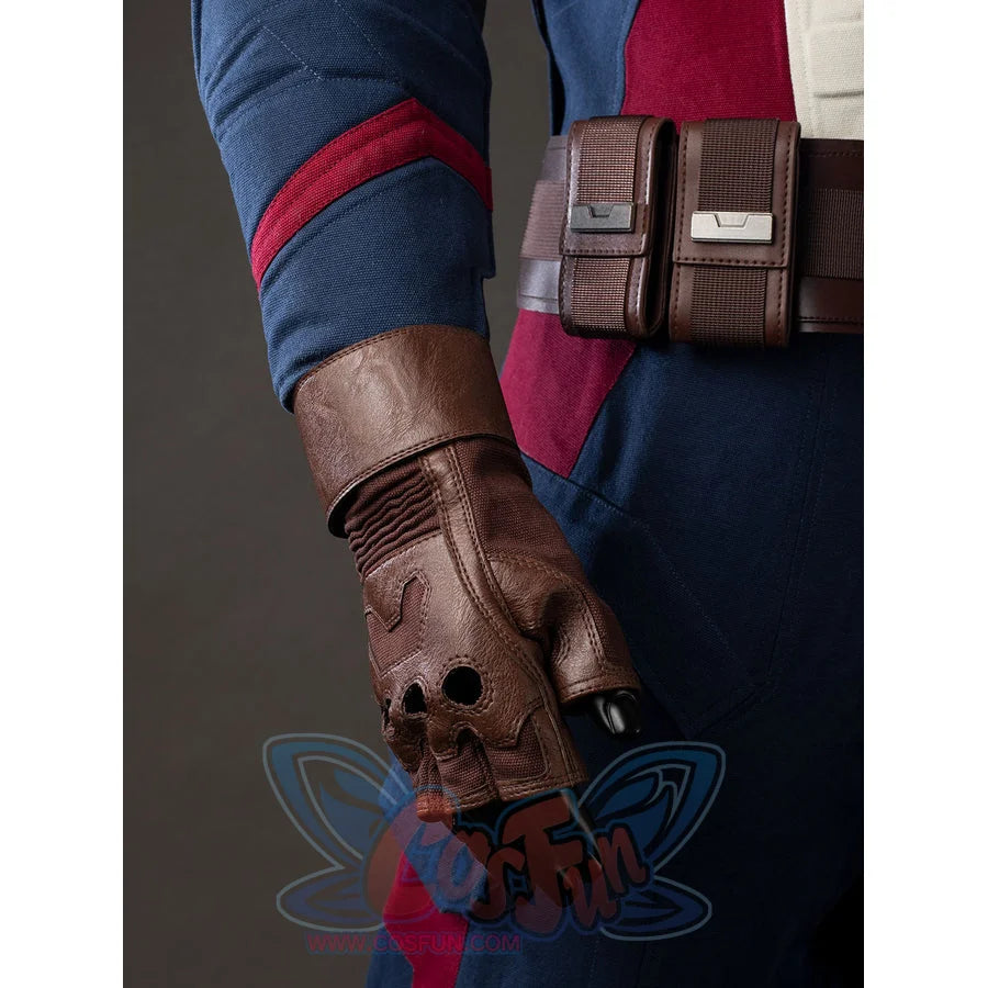 Steve Rogers cosplay glove detail wraps brown faux leather around the wrist below red sleeve trim.