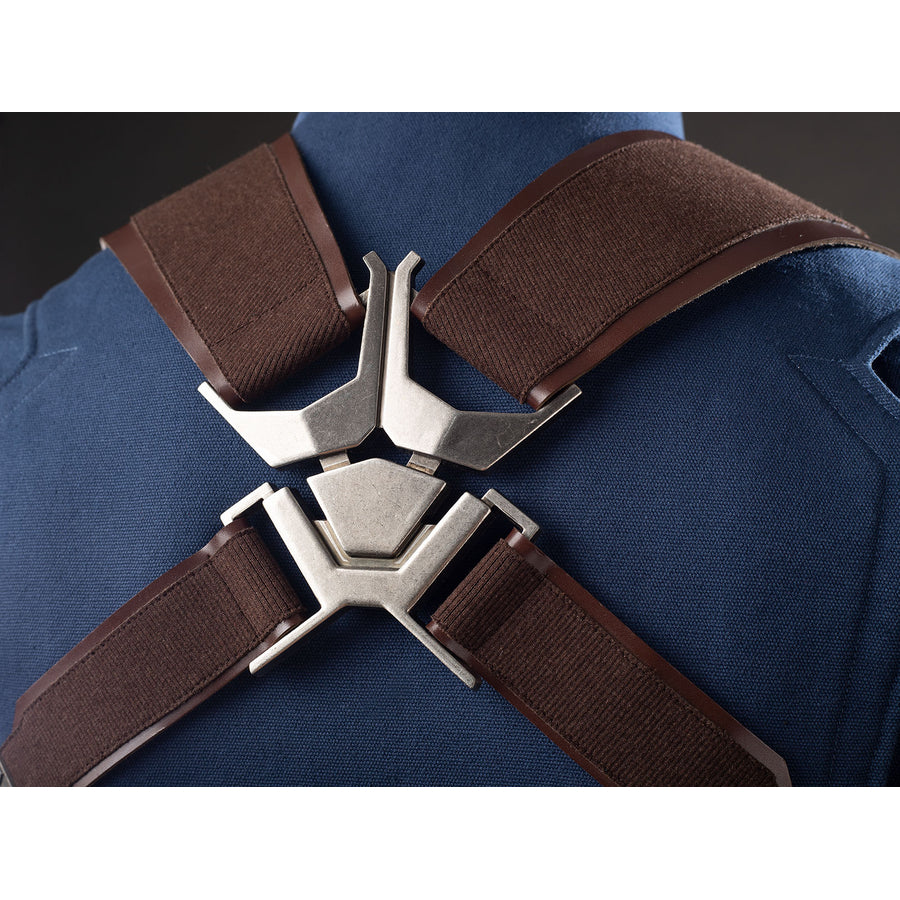 Steve Rogers cosplay harness close-up centers a silver-tone back clasp between brown straps.