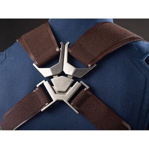 Steve Rogers cosplay harness close-up centers a silver-tone back clasp between brown straps.