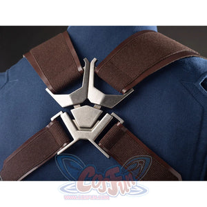 Steve Rogers cosplay harness close-up centers a silver-tone back clasp between brown straps.