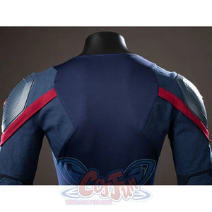 Steve Rogers cosplay jumpsuit back detail contrasts navy stretch fabric against red shoulder stripes.