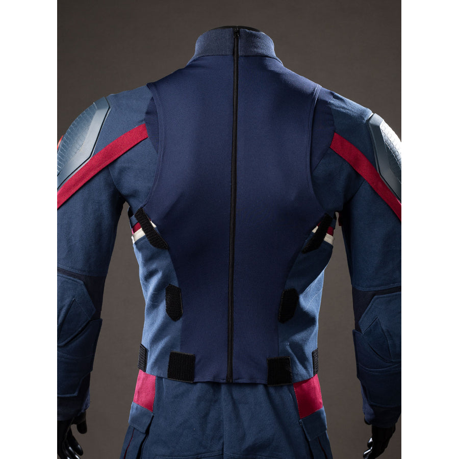Steve Rogers cosplay jumpsuit back view traces a center zipper through navy stretch panels.