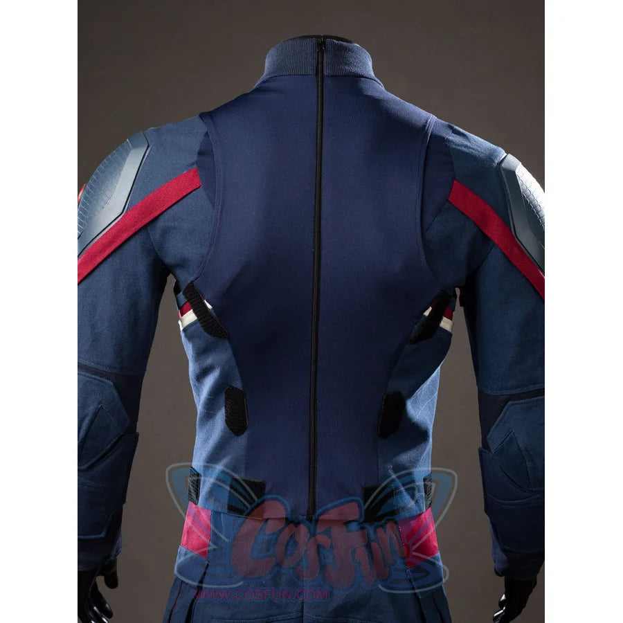 Steve Rogers cosplay jumpsuit back view traces a center zipper through navy stretch panels.