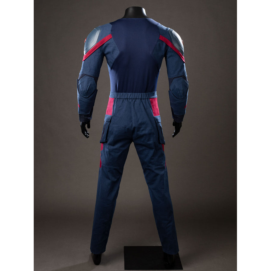 Steve Rogers cosplay jumpsuit back view follows navy stretch panels into red side accents.